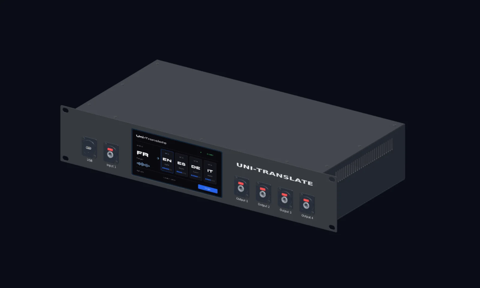 Uni-Translate — A 2U enclosure, 220 mm deep, with a touchscreen, one audio input and four audio outputs on the front panel.
